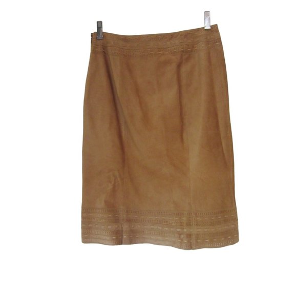 Vintage Oscar de la Renta Tan Suede Leather Lacey Tie Pencil Skirt in Sz 2 - Picture 5 of 7